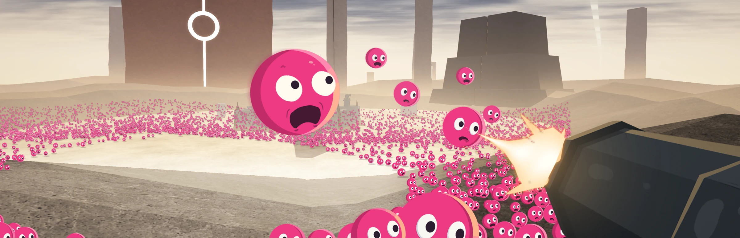 A huge crowd of pink, wide-eyed creatures charging a heavy cannon beneath towering monuments