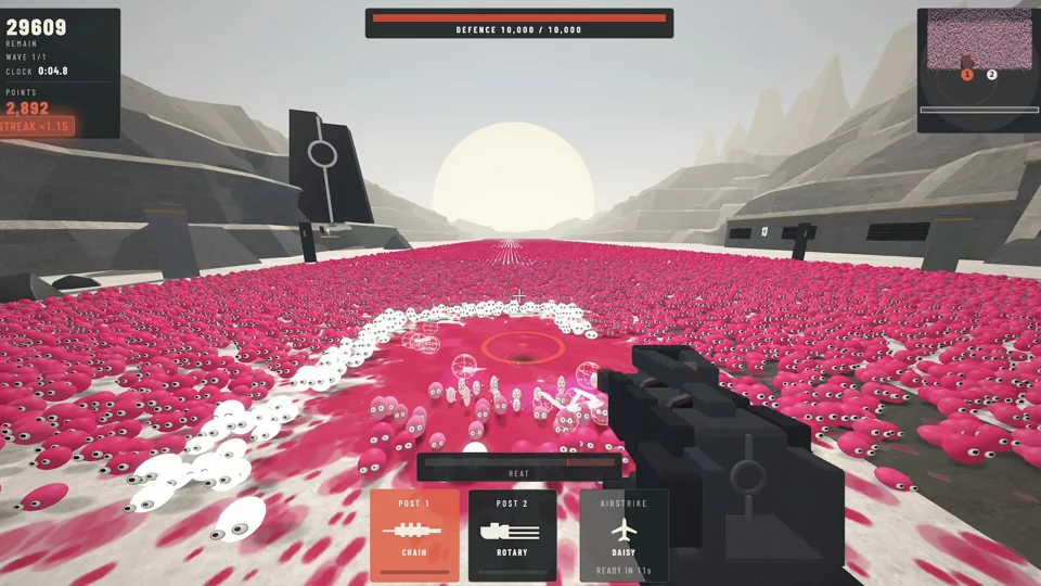 First-person cannon firing into a vast crowd of pink creatures at sunset
