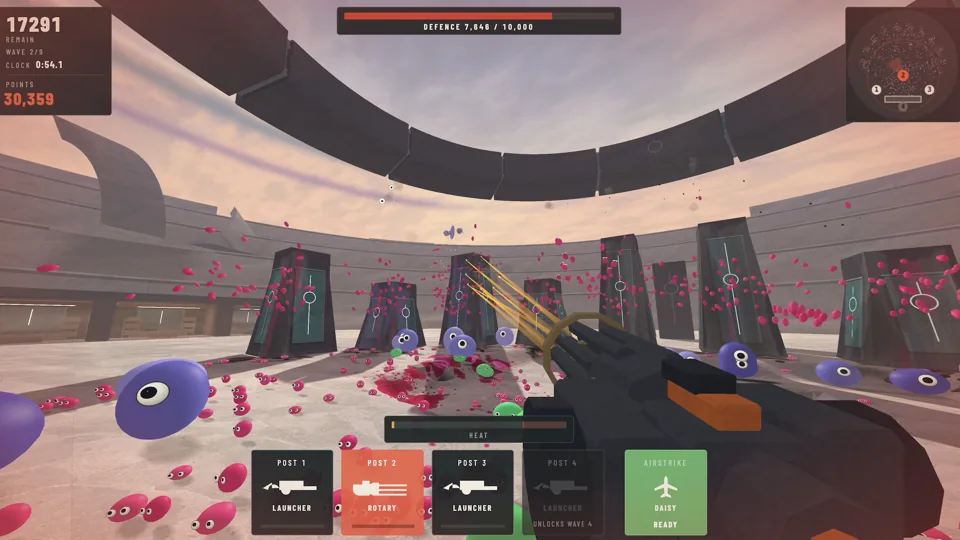 Rotary cannon firing at pink and purple enemies inside a circular arena