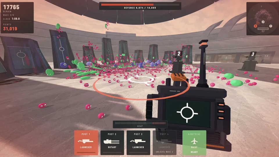 A first-person launcher aimed into a crowded circular arena