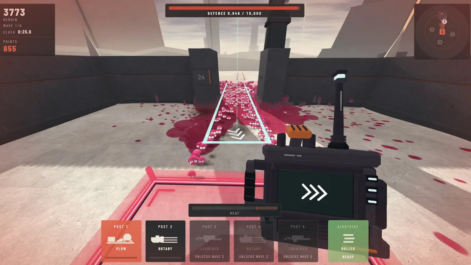 A cannon firing a wide lane through pink creatures between stone walls